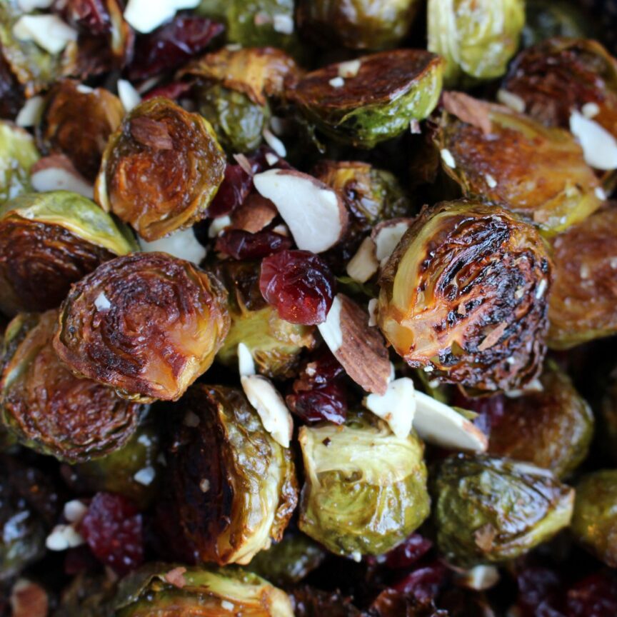 Perfectly caramelized brussels sprouts mixed with crunchy sliced almonds and dried cranberries.