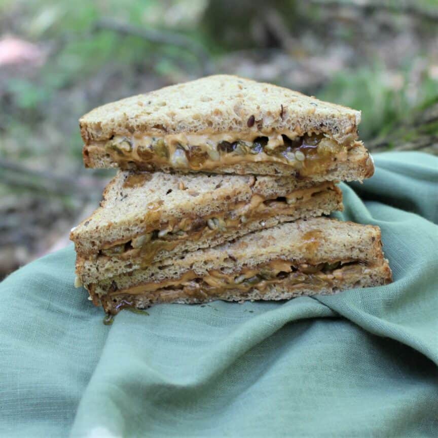 Hiking sandwich triangles stacked up outside.