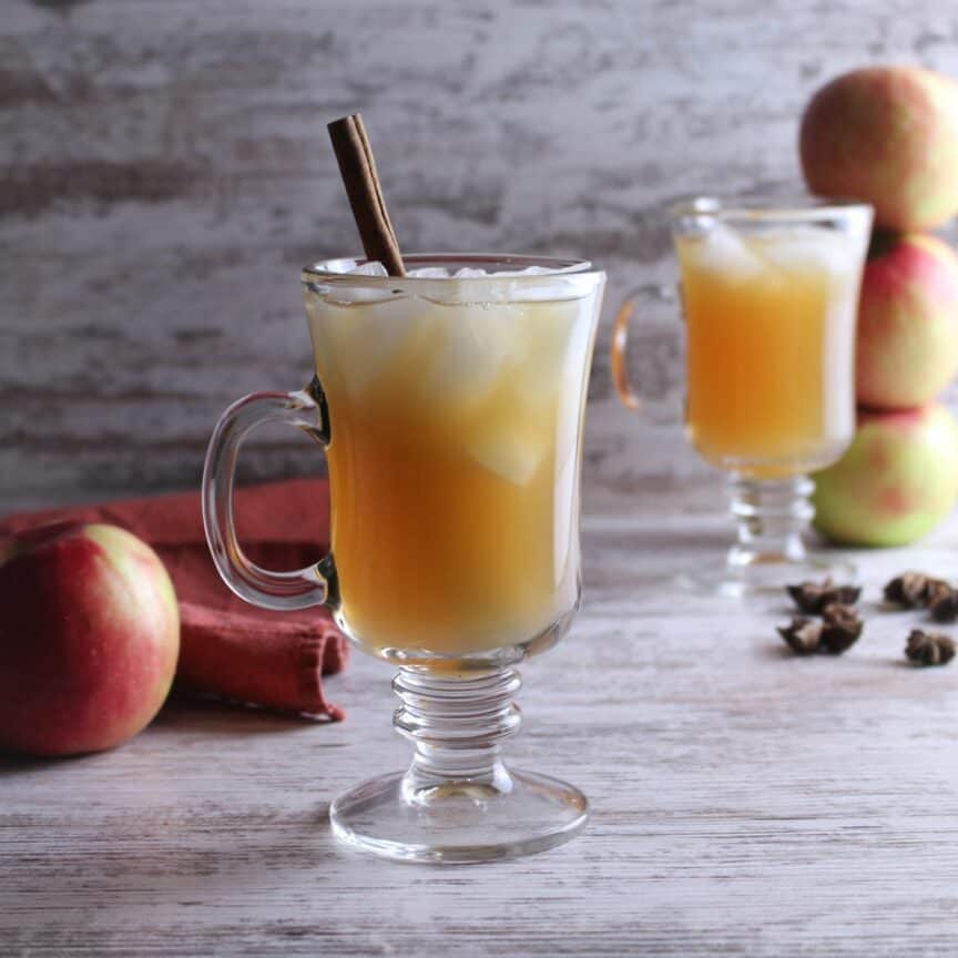 Apple cider mixed with bourbon, cinnamon stick for garnish