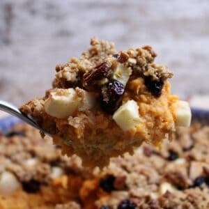 A spoonful of creamy mashed sweet potatoes and apple chunks and dried cranberries. Topped with an oaty streusel topping.