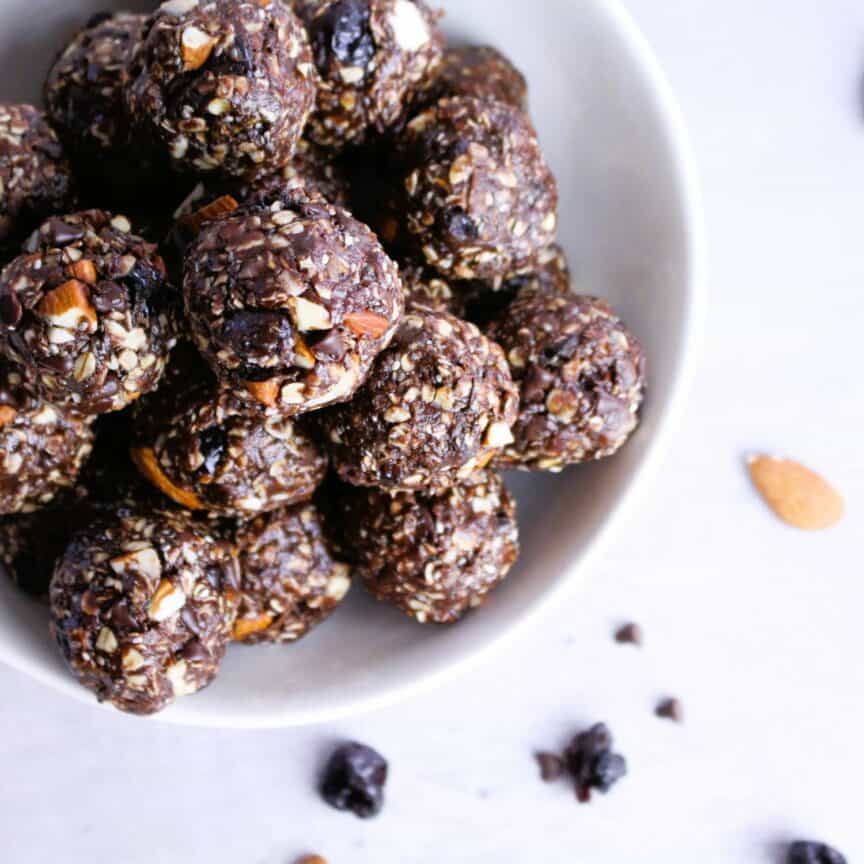 double chocolate cherry energy balls in bowl