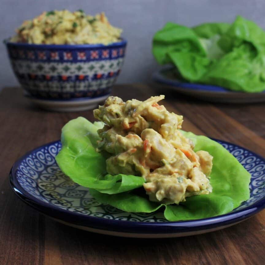 healthy curry chicken salad in butter lettuce cups.