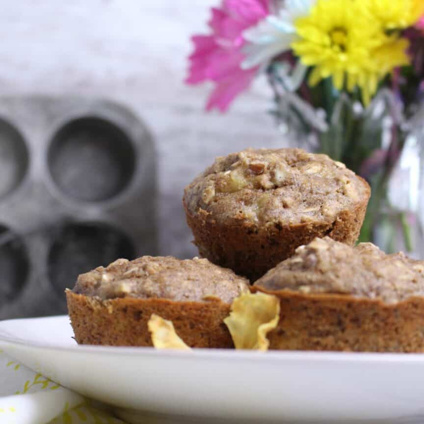 Hummingbird muffins plated with colorful flowers in the background.